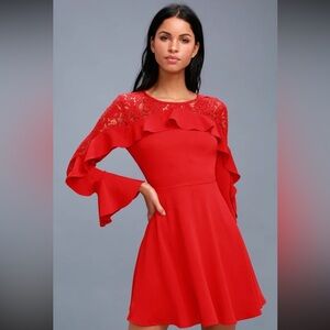Lulus Secret Red Lace Long Sleeve Dress